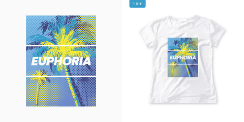 Summer graphic womens tee with palm trees, stylish print, colorful vector illustration © rikkyal