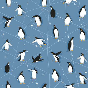 Seamless pattern with little cute penguins skating on blue ice like background