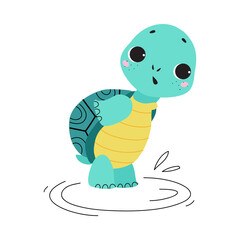 Cute Turtle with Shell and Short Feet Stepping in Puddle Vector Illustration
