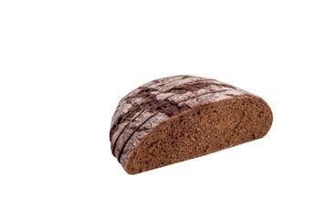 Pieces of sliced round black bread on a white background