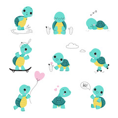 Cute Turtle with Shell and Short Feet Waving Paw, Sleeping and Skateboarding Vector Set