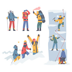 Fototapeta na wymiar People Characters with Backpacks Ascending Mountains Covered with Snow and Ice Vector Illustration Set