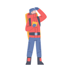 Man Character with Backpack Searching for Route Vector Illustration