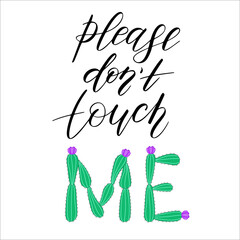 Cute cactus quote about cactus, love and hugs. Lettering is isolated on white background. Letters in the castus shape can be used to print poster or card. Digital illustration.