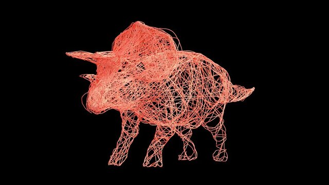 Artistic Triceratops (Dinosaur) revealed from wire. A rotating 360 degree camera reveals it. It's a 4K .mov ProRes 4444 with Alpha Channel footage.