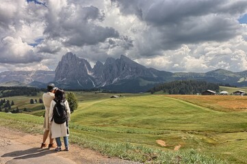Panoramic view of the Sassolungo Group from the Alpe di Siusi, South Tyrol, Italy