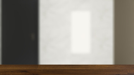 Background with empty table. Flooring. Clean and fresh bathroom with natural light. 3D rendering.