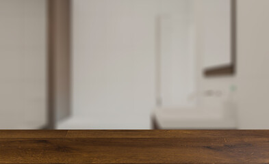 Background with empty table. Flooring. Clean and fresh bathroom with natural light. 3D rendering.
