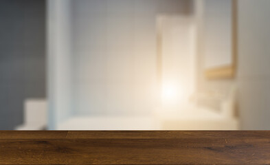 Background with empty table. Flooring. Freestanding bath with towels in grey modern bathroom. 3D render