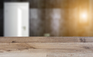 Background with empty wooden table. Flooring. Modern bathroom including bath and sink. 3D rendering.. Sunset