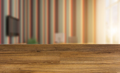 Modern office Cabinet.  3D rendering.   Meeting room. Sunset. Abstract blur phototography. wooden table on blurred background.