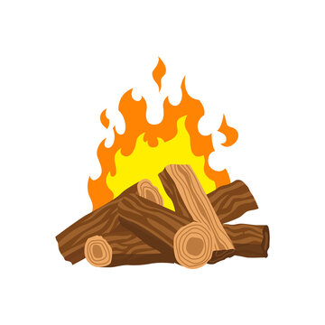 Fireplace campfire. Burning fire travel and adventure symbol. Vector bonfire or woodfire in cartoon flat style. A tourist bonfire with stack of wood