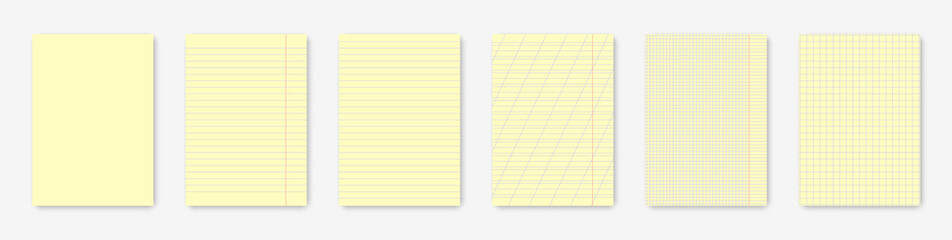 Realistic yellow notebook sheets: striped, checked, with margins, for writing, empty. Isolated on a light background with realistic shadows. Vector illustration EPS10 © fenskey