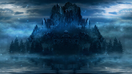 Fototapeta premium Night fantasy Futuristic landscape with abstract mountains and island on the water, moonlight. Dark natural scene with reflection of light in the water, neon blue light. Dark, dramatic forest. 