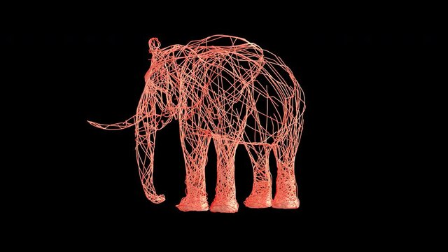 Artistic Elephant revealed from wire. A rotating 360 degree camera reveals a Flamingo. It's a 4K .mov ProRes 4444, with Alpha Channel footage.