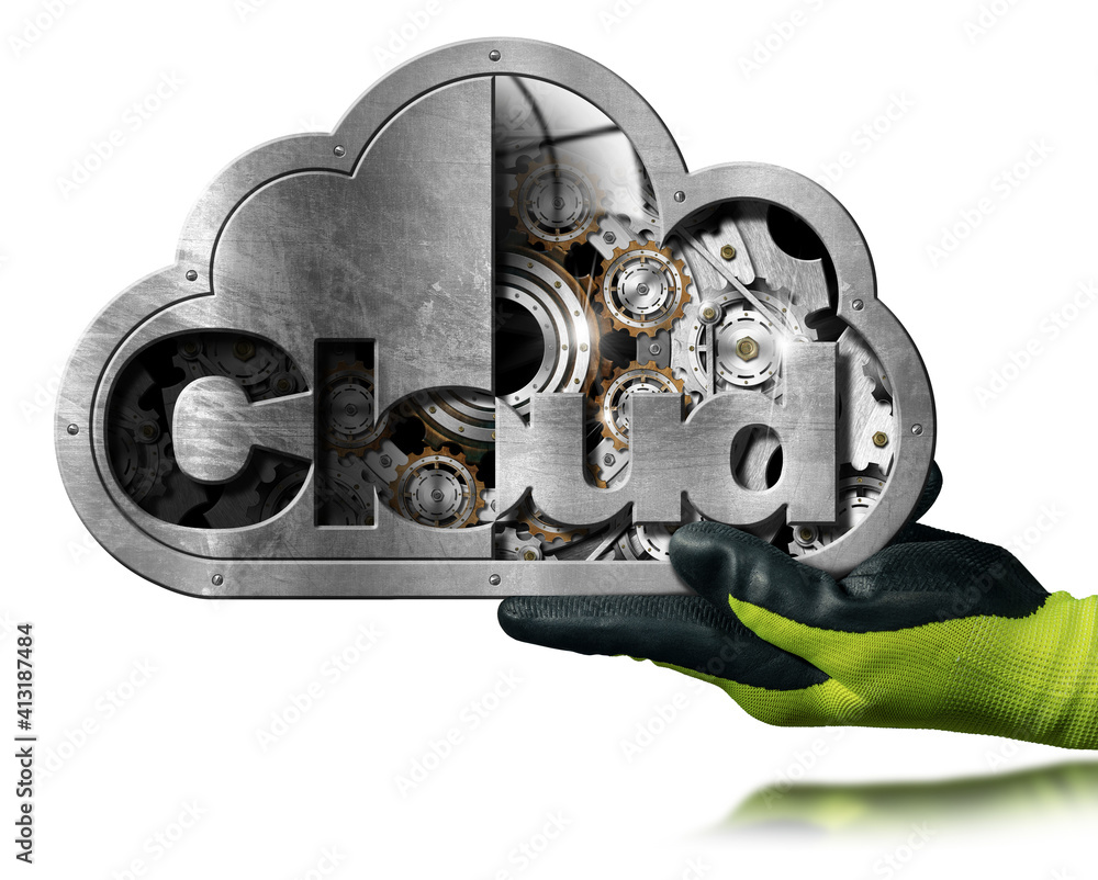 Aufkleber hand with green and black protective work glove showing a metallic cloud computing symbol with cogs 