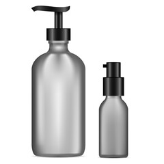 Dispenser pump bottle. Black glass gel or soap container mockup. Isolated serum spray bottle 3d mockup, perfume. Liquid hand sanitize disinfectant packaging template. Shower wash