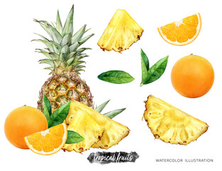 Pineapple orange composition watercolor illustration isolated on white background