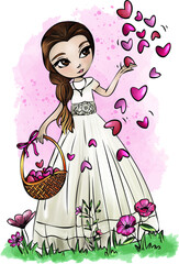 Communion girl. Beautiful girl dressed for her First Communion carrying a wicker basket and handing out hearts. Vector Illustration. Watercolor.
