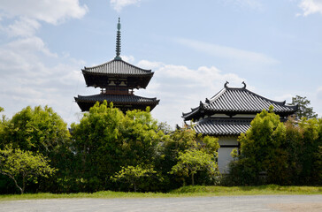 Naklejka premium 法起寺 三重塔と講堂 奈良県斑鳩町