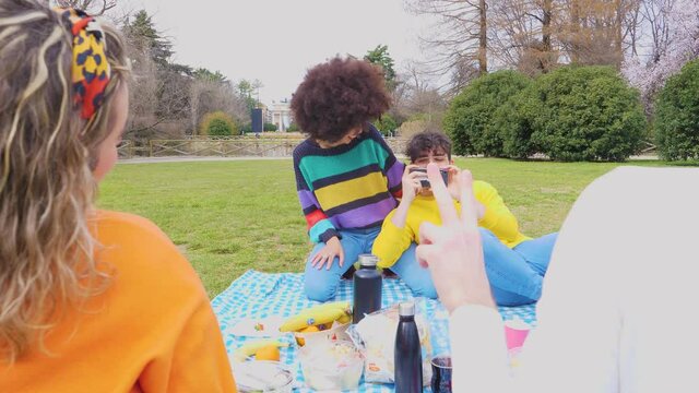 Four cheerful friends diverse multiethnic having fun doing pic nic in a park outdoors using smartphone taking photos making memories