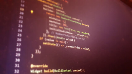 Screen of flutter application developing code. Lines of code on computer screen