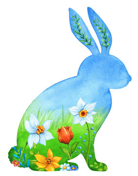 recommend clip art: Floral bunny rabbit silhouette illustration isolated on white background. Watercolor spring Easter bunny hand painted artwork with spring blooming colorful flowers.