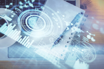 Obraz premium Multi exposure of business theme drawing and work table top veiw. Concept of international finance.