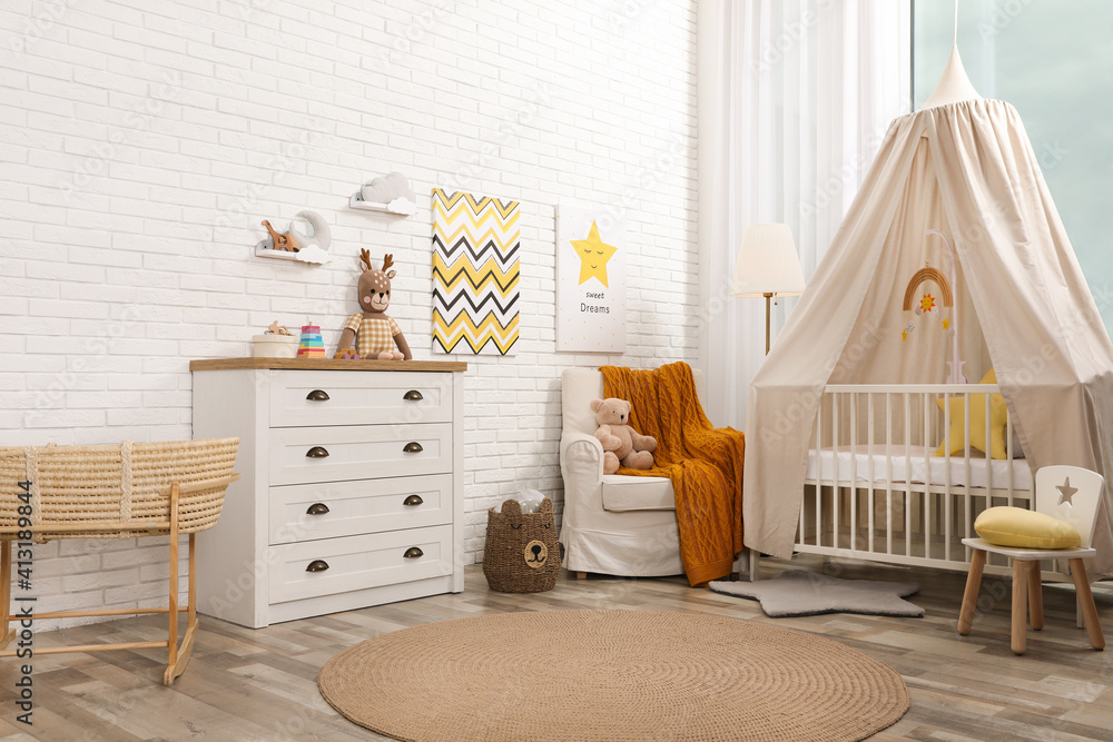 Sticker Stylish baby's room with comfortable cot. Interior design