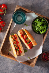 meatball sub sandwich with cheese and marinara tomato sauce. american italian fast food