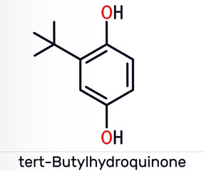 TBHQ, tert-Butylhydroquinone, tertiary butylhydroquinone molecule. It is antioxidant, food additive E319, derivative of hydroquinone. Skeletal chemical formula