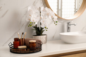 Beautiful flowers and different toiletries near vessel sink in bathroom