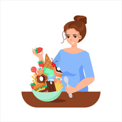 No Diet Day Illustration. Happy woman with big plate of tasty food.