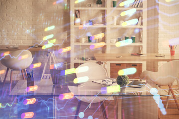 Multi exposure of data theme drawing and office interior background. Concept of technology.