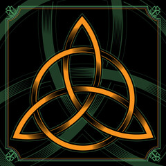 Celtic Triad symbol. Vector illustration of triquetra figure in engraving technique on black background. 