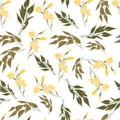 Seamless pattern with yellow color flowers and green foliage 