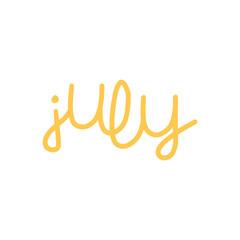 Hand drawn lettering phrase July. Month July for calendar. Ink brush lettering for winter invitation card.
