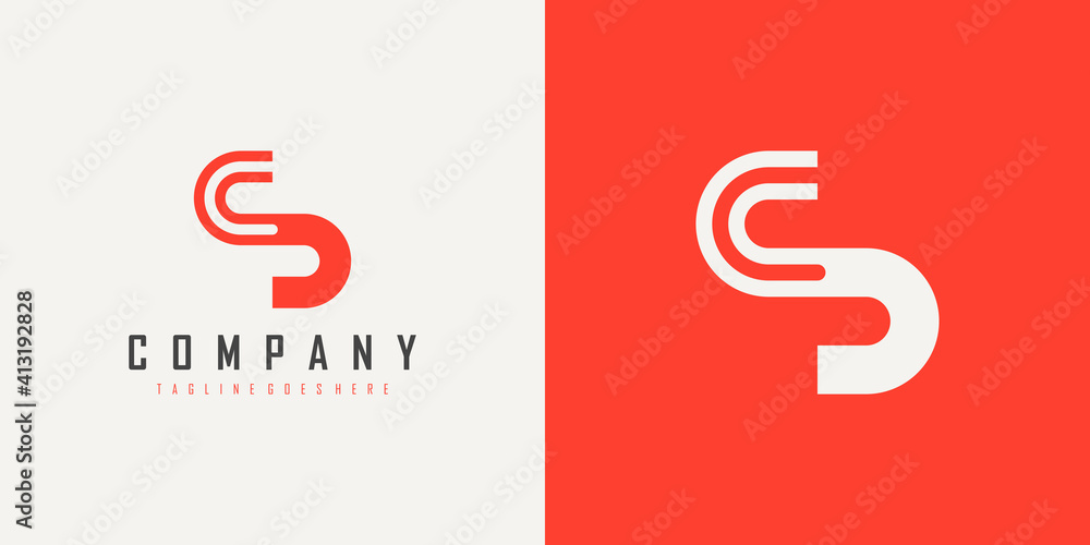 Poster abstract initial letter c and s linked logo. white and red geometric line isolated on double backgro