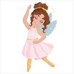 Cute cartoon angel girl in a pink dress. Wings and halo. child dancing ballet dressed as an angel. Vector illustration isolated on white background.