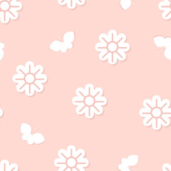 Paper-cut floral and butterflies pattern. White flower seamless pattern.