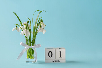 White snowdrops in a glass vase with bow and perpetual calendar with date 01 march against blue background. Small bouquet of the first spring flowers Galanthus Nivalis. Copy space.