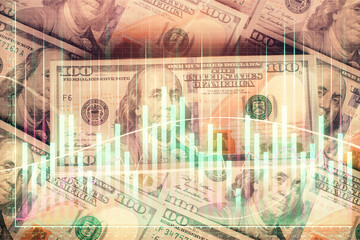 Multi exposure of forex chart drawing over us dollars bill background. Concept of financial success markets.