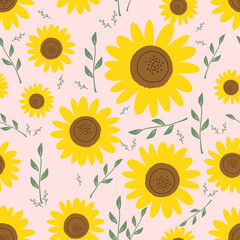 Seamless pattern of sunflower and leaves on pink background vector illustration.