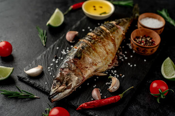 grilled mackerel with lime and spices on stone background