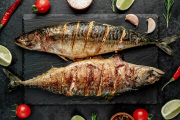 grilled mackerel with lime and spices on stone background