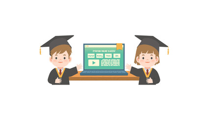 A boy and a girl in graduation gown standing in front the online class in the laptop illustration vector on white background. Education concept