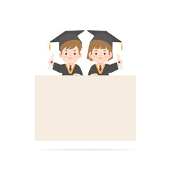 A boy and a girl in graduation gown stand on the blank banner illustration vector blank banner sign frame on white background. Education concept