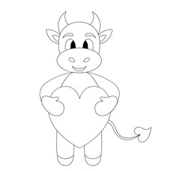 Bull. Little goby. A baby cow holds a heart in its paws. Calf. Sketch. Vector illustration. Outline on an isolated white background. Coloring book for children. Valentines Day. Doodle style. Cute pet 