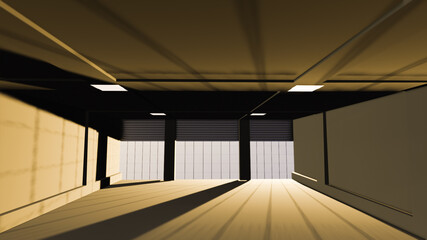 Warehouse interior concept Industrial hall with lots of space and big emptiness in it 3D rendering