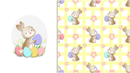A cute Easter bunny hugged a purple egg decorated with white dots on a blue background surrounded by flowers and colorful eggs and Bunny seamless Pattern set.